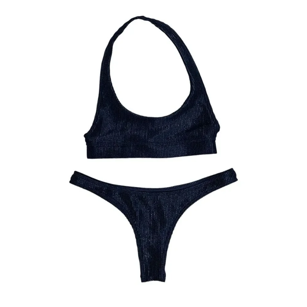 Frankie's Bikinis Ribbed Halter Scoop Top & Bottoms Bikini Set Black Swimsuit S